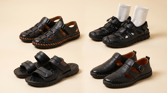 Men's leather sandals and slides styled with folded white socks on a studio backdrop