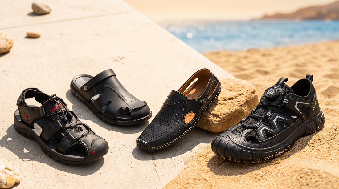 Men's sandals arranged on pavement transitioning to beach sand in bright sun