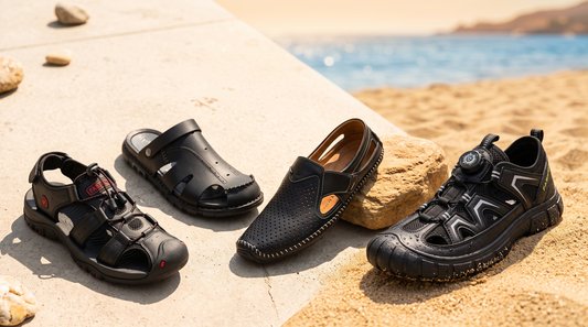 Men's sandals arranged on pavement transitioning to beach sand in bright sun