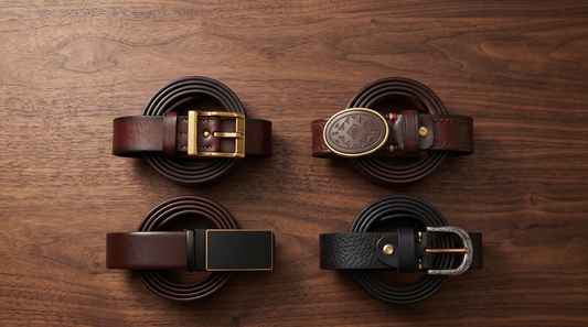 Four men's leather belts coiled in a grid on dark walnut wood