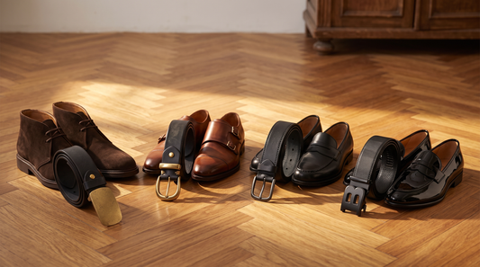 Men's leather belts laid beside matching leather dress shoes on herringbone wood