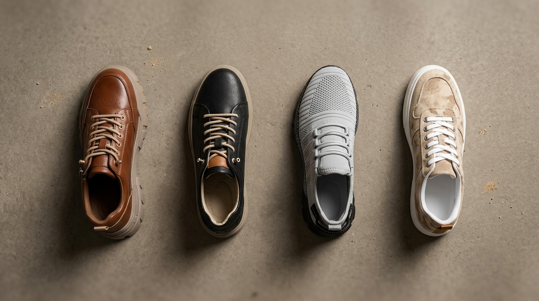 Four men's sneaker styles arranged on warm-grey concrete