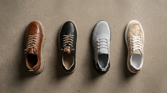 Four men's sneaker styles arranged on warm-grey concrete
