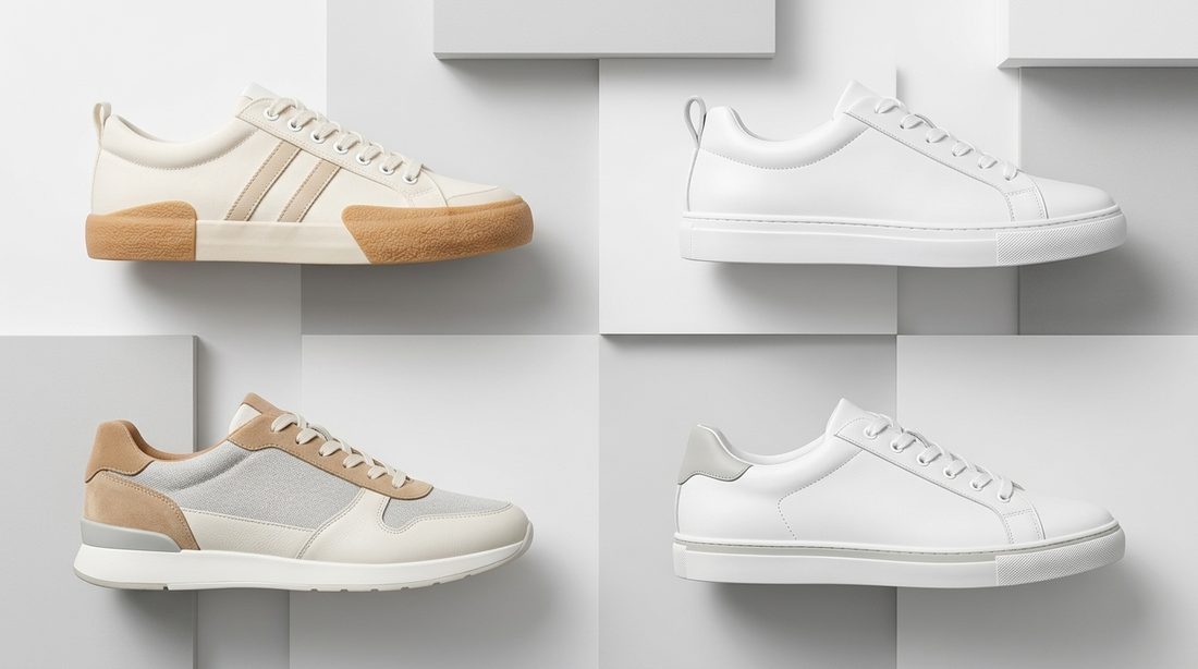 Four white men's sneakers on a bright minimalist surface