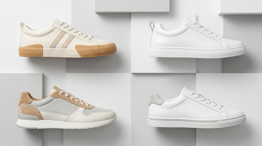 Four white men's sneakers on a bright minimalist surface