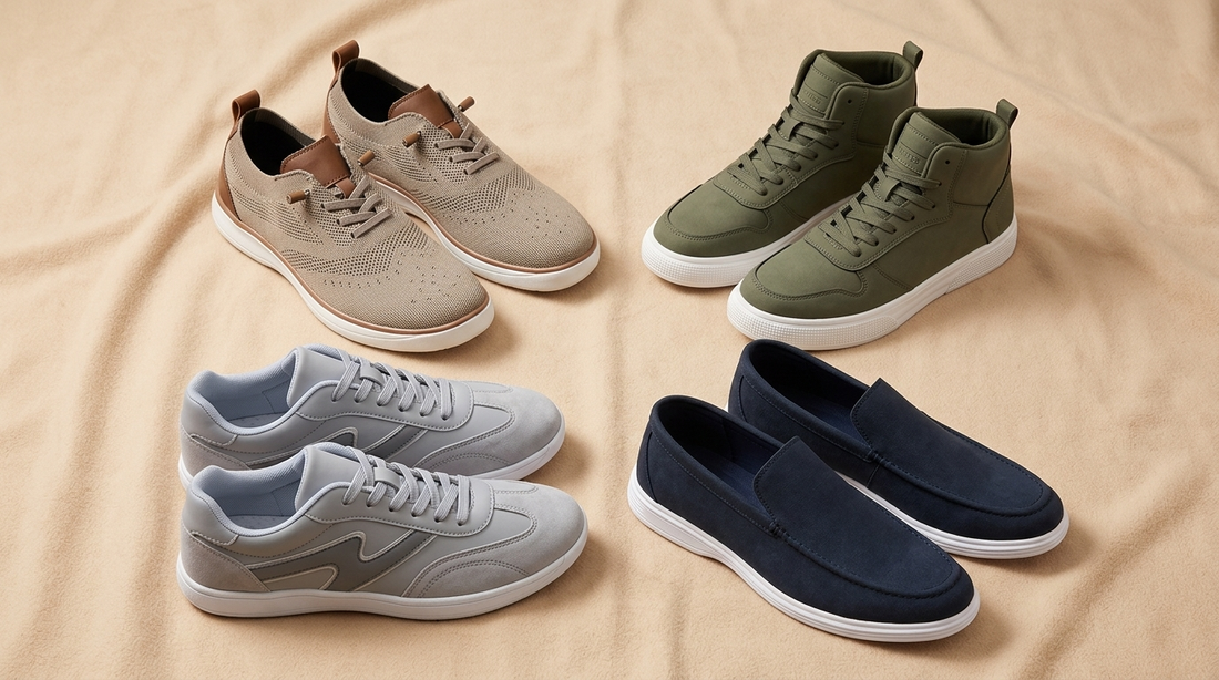 Four men's wide-fit walking shoes on a warm beige surface