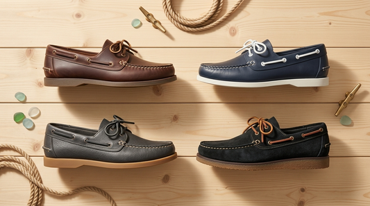 Four men's boat and deck shoes on a light wood-plank surface