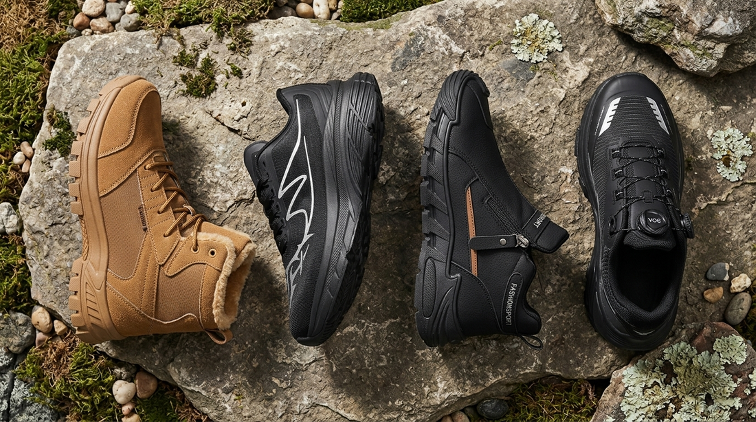 Four men's hiking and trail shoes on a natural stone surface