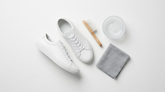 Two white men's sneakers with cleaning brush and cloth on a bright surface
