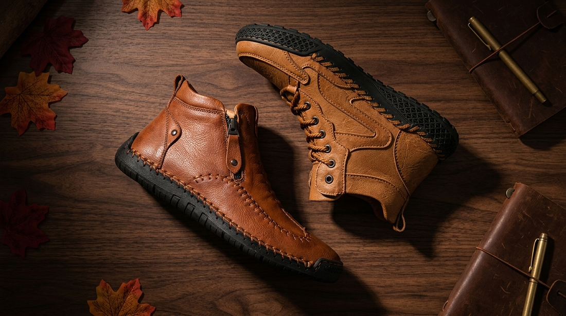 Two men's leather ankle boots on a dark walnut wood surface