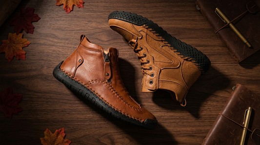 Two men's leather ankle boots on a dark walnut wood surface