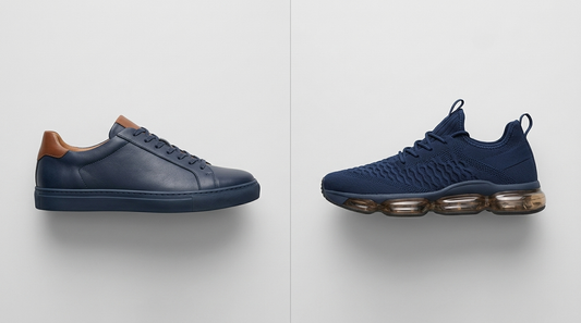 A leather trainer and a knit athletic sneaker facing each other on a grey surface