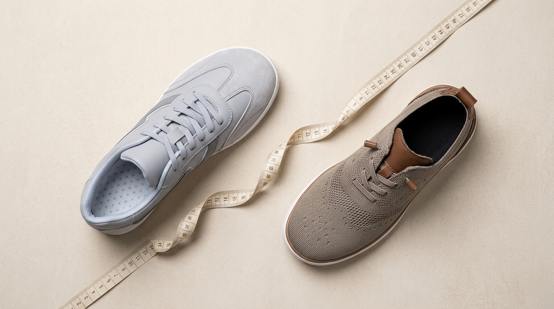 Two wide-fit men's sneakers beside a measuring tape on a light surface