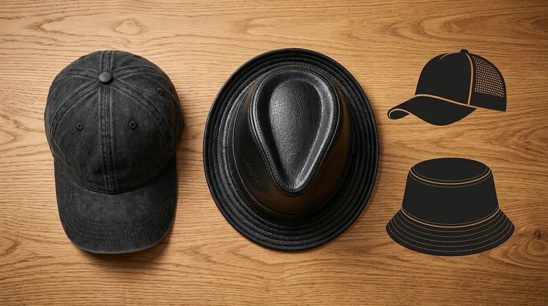Men's hat styles including dad cap and fedora on warm oak wood