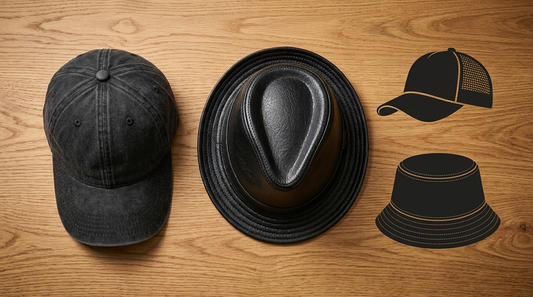 Men's hat styles including dad cap and fedora on warm oak wood