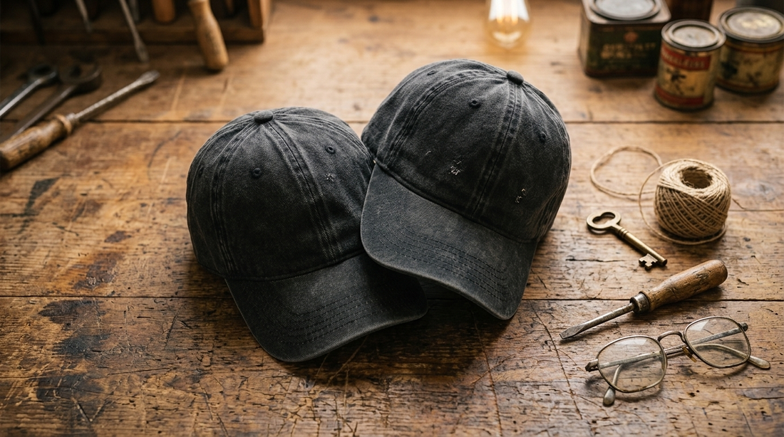 Two black embroidered dad caps on a weathered workbench