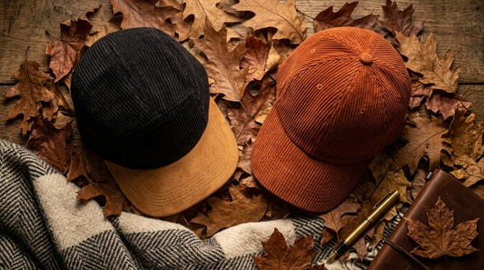 Corduroy caps in warm autumn tones on fallen leaves