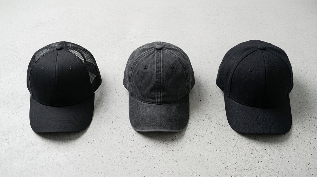 Trucker cap, dad cap and baseball cap side by side on grey concrete