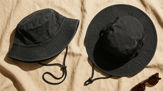Bucket hat and safari hat on warm sand-toned linen