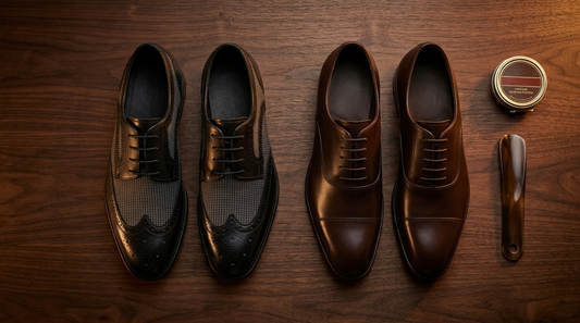 Wingtip brogue oxford and grain leather dress shoe on walnut wood