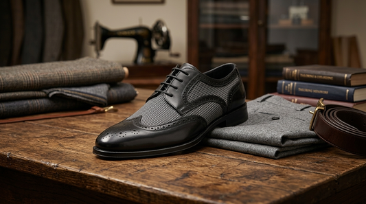 Wingtip brogue oxford on a tailor's table beside grey trousers