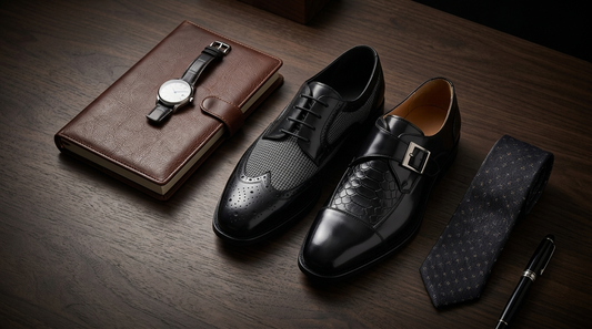 Wingtip oxford and monk strap dress shoe on a dark desk
