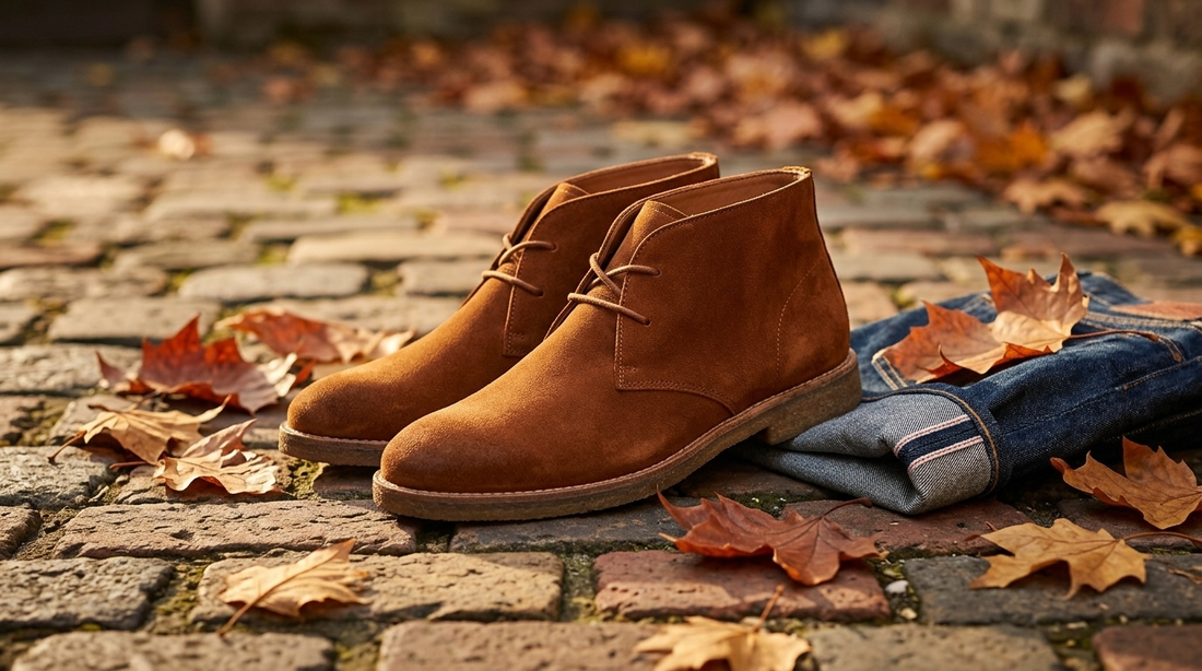 Suede desert boots on weathered brick with autumn leaves