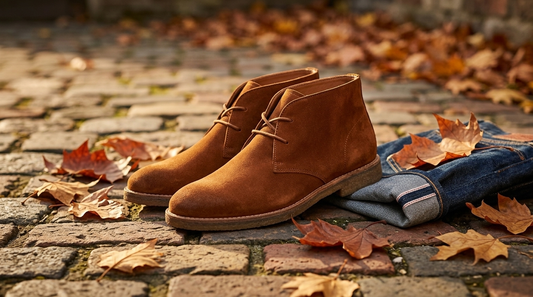 Suede desert boots on weathered brick with autumn leaves
