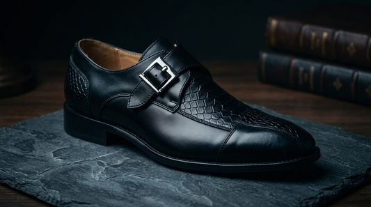 Textured leather monk strap shoe with polished buckle on charcoal slate