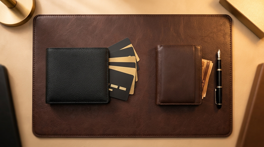 Leather bifold wallet and card holder on a brown leather desk mat