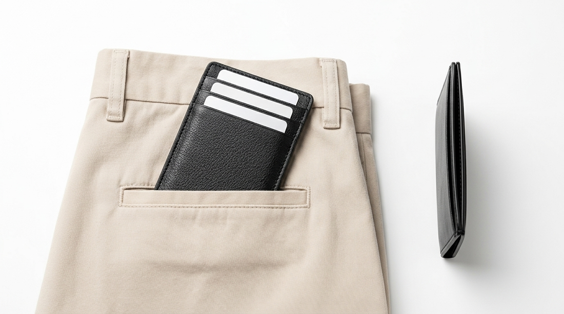 Slim card wallet in a chino front pocket beside a second thin wallet