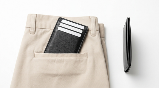 Slim card wallet in a chino front pocket beside a second thin wallet