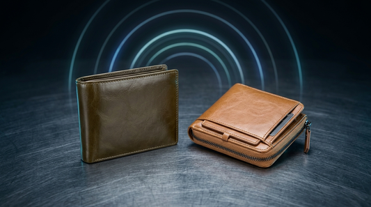 Two leather RFID-blocking wallets on brushed dark steel