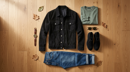 Suede jacket, desert boots and knit laid out as a transition outfit