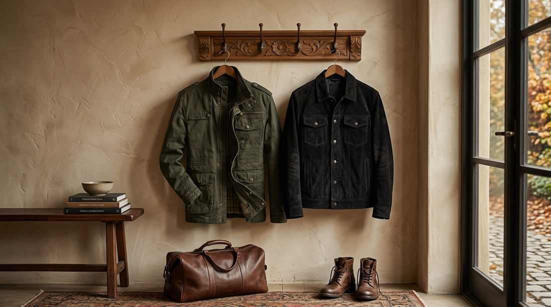 Field jacket and suede utility jacket on a wooden coat rack