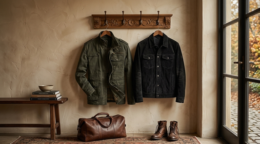 Field jacket and suede utility jacket on a wooden coat rack