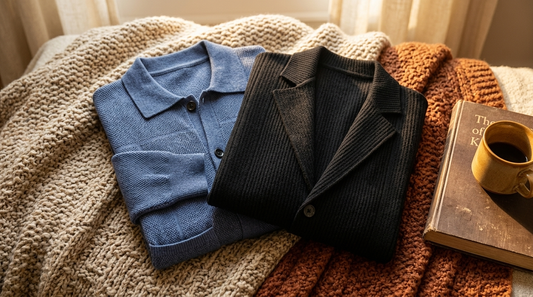 Merino and notch lapel cardigans folded on a knitted throw