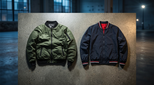 MA-1 bomber and varsity bomber laid flat on polished concrete