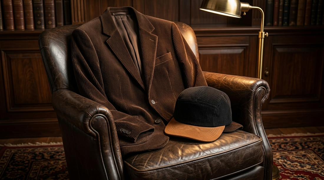 Corduroy blazer draped over a chair with a corduroy cap
