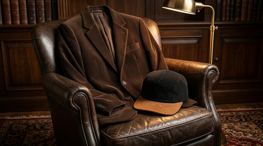 Corduroy blazer draped over a chair with a corduroy cap