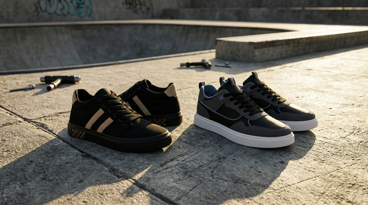 Striped canvas sneaker and low-top skate sneaker on skatepark concrete