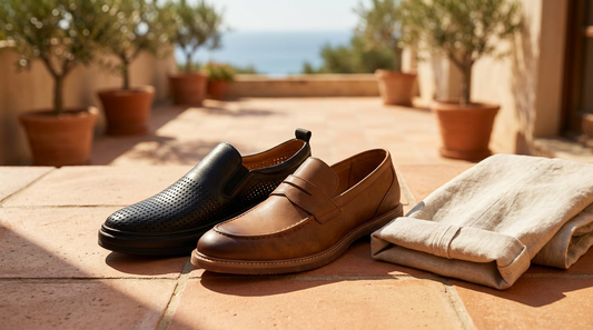 Perforated and penny strap loafers on sunlit terracotta tiles