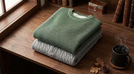Waffle knit and cable knit sweaters stacked on a walnut shelf