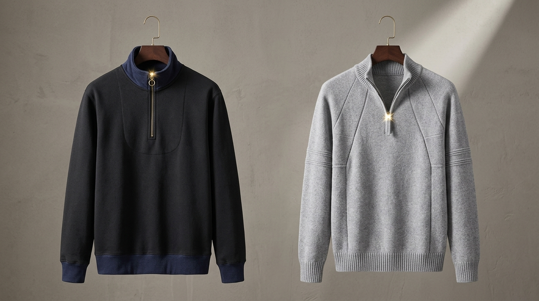 Half-zip pullover and zip collar sweater on wooden hangers