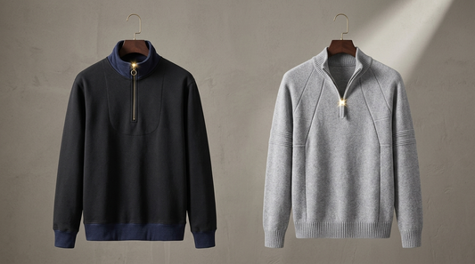 Half-zip pullover and zip collar sweater on wooden hangers