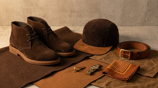 Tonal brown menswear arrangement with desert boots, corduroy cap and leather belt