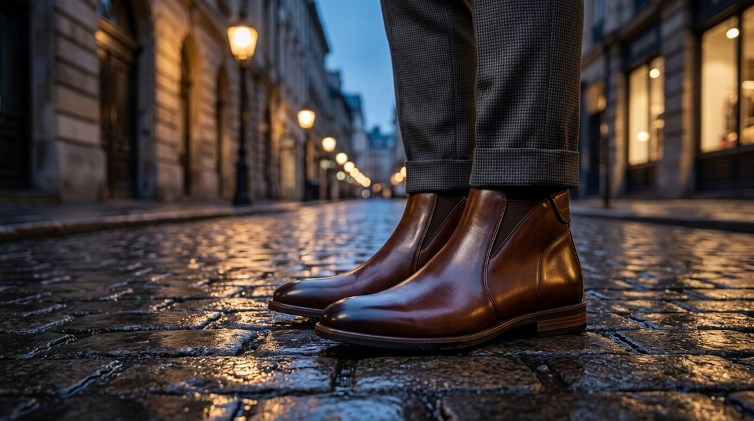 Brown leather Chelsea boots on wet city cobblestones at dusk