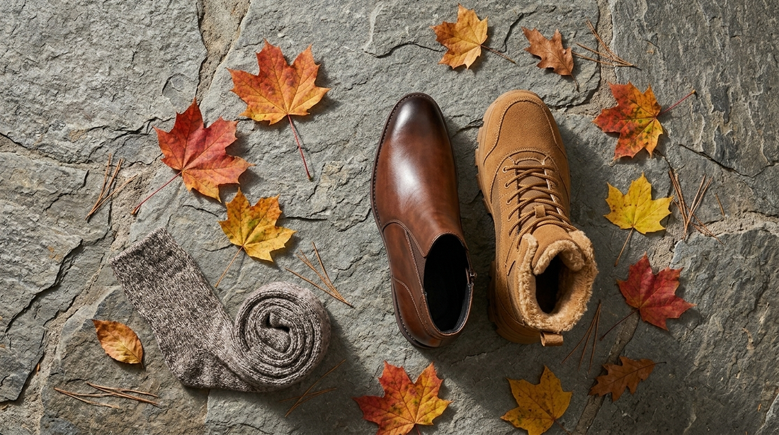 Chelsea boot and suede hiking boot on stone with maple leaves