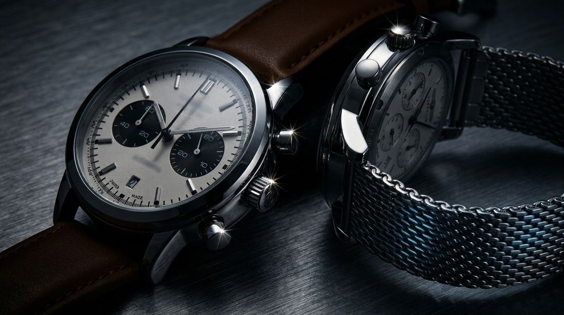 Two steel chronograph watches with subdials on brushed metal