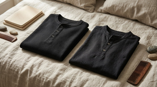 Waffle henley and cotton henley folded on washed linen